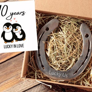 Regalo per il decimo anniversario di matrimonio per moglie o marito – Ferro di cavallo fortunato con biglietto a forma di pinguino – 10 anni di amore fortunato – Grazioso ricordo inciso per coppia