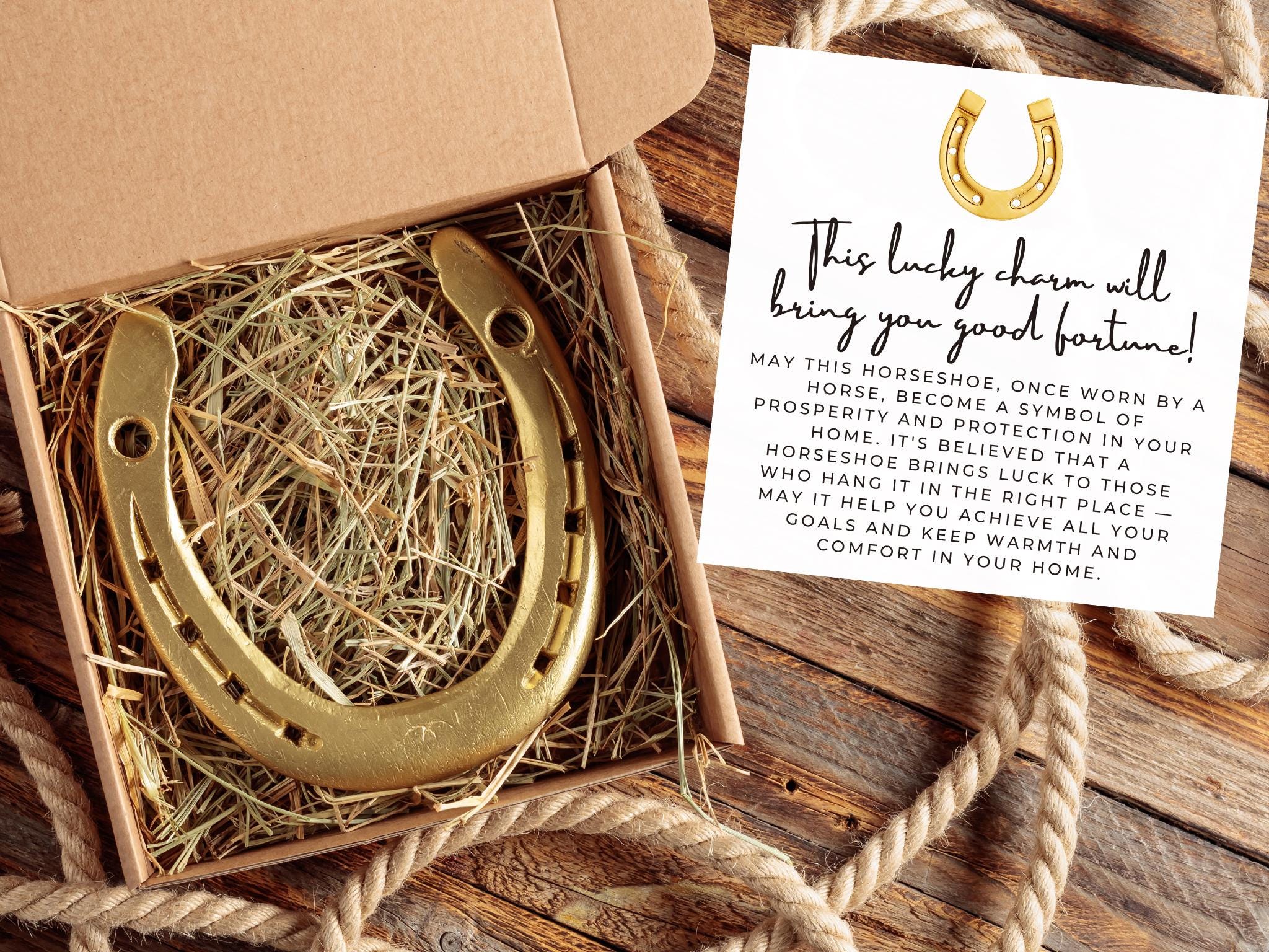 Personalized Lucky Horseshoe with Engraving – Real Horse Worn, Gift Box with Straw and Card for Good Luck, Housewarming, Wedding Anniversary