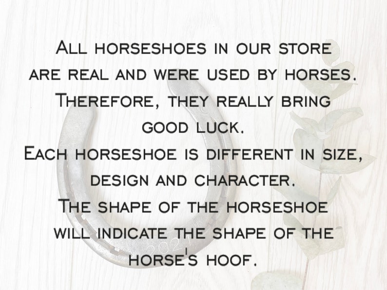 May include: Image of a horseshoe with text. The text states that the horseshoes are real and used by horses, bringing good luck. Each horseshoe varies in size, design, and character. The shape indicates the horse's hoof shape.