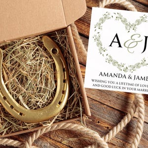 Cadeau de mariage fer à cheval porte-bonheur gravé avec carte personnalisée | Souvenir personnalisé pour les jeunes mariés | Cadeau porte-bonheur pour souvenir de mariage