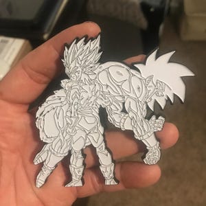 May include: A white and black pin featuring two anime characters in a dynamic pose. The figures are muscular and detailed, with spiky hair and intricate clothing. The pin is held in a hand.