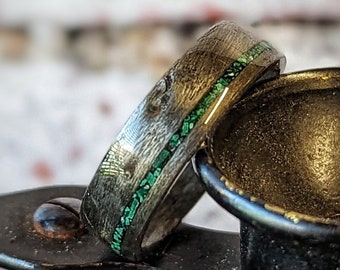 Grey Birdseye Maple Wedding Ring with Offset Fine Crushed Malachite Inlay - mens ring - wooden ring -  bentwood ring