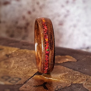 English Brown Oak Wedding Ring Red Ruby Opal Inlay
