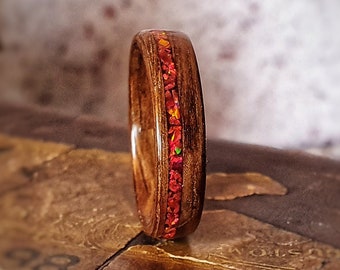 English Brown Oak Wedding Ring Red Ruby Opal Inlay