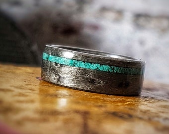 Grey Birdseye Maple Wedding Ring with Offset Fine Crushed Turquoise Inlay - handmade jewelry - personalised jewelry - rings
