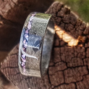 Grey Birdseye Maple Wedding Ring with Offset Crushed Amethyst Inlay
