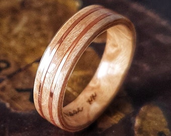 Birdseye Maple Wedding Ring with Twin Copper Wire Inlays