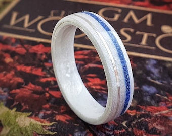 White Birdseye Maple Ring with Crushed Lapis - handmade jewelry - personalised jewelry - rings Lazuli & Silver Wire Inlay