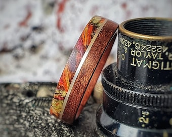 Flamed Mahogany and Silver Bentwood Wedding Ring with Dried Flower Inlay - Satin finish - anniversary present - womans ring - mens ring