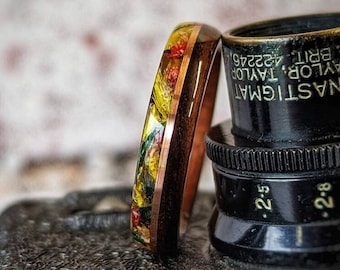 Macassar ebony and copper Wedding Ring with Dried Flower Inlay - mens ring - wood ring - womens ring - handmade