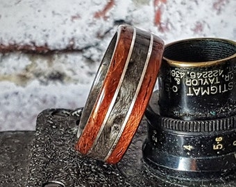 Bubinga & Grey Maple Wooden Wedding Ring with Silver inlays