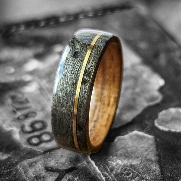 Grey Birdseye maple ring with American walnut liner and 18ct gold inlay - mens wood ring - wooden wedding ring - engagement ring