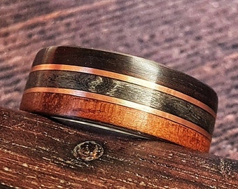 Ebony & Grey Maple Wooden Wedding Ring with Copper Inlays (Satin finish)