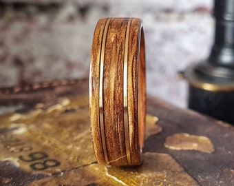 English Brown Oak Wedding Ring with Twin 18ct Gold Wire Inlays