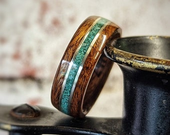 Santos Rosewood Wedding Ring with Crushed Turquoise and Stirling Silver Inlays