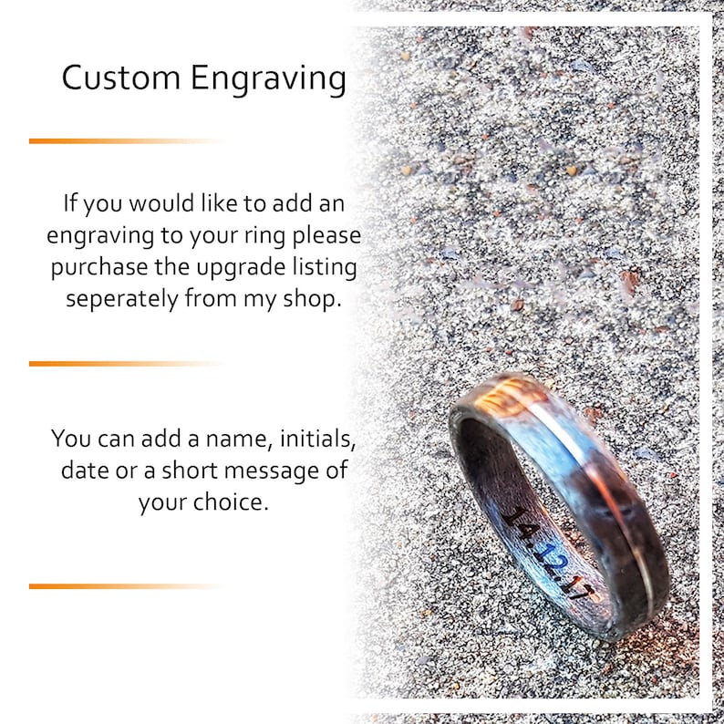 Op de afbeelding: Een ring met een donkere, getextureerde band en een lichtere binnenkant, met de datum 14.12.17 gegraveerd. De afbeelding bevat ook tekst over aangepaste graveeropties voor ringen.