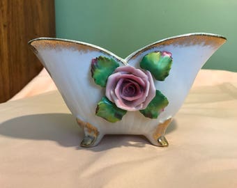 Footed Ceramic Centerpiece with Applied Rose