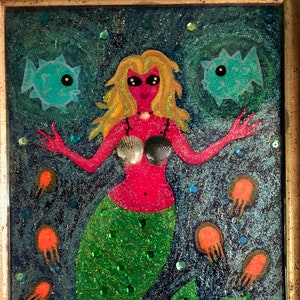 Mermaid painting ocean folk art big eye Glitter Sparkle Jellyfish seashell bra puffer fish Lael Pastore OOAK vintage frame blonde sirena