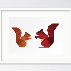Geometric nursery art, Geometric squirrels, Red squirrels, Cute nursery art, Cute wall art, Geometric animals, Geometric animal prints