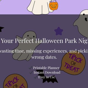 Könnte beinhalten: Ein lila Halloween-Grafik mit Cartoon-Geistern, Fledermäusen und "Trick or Treat"-Tüten. Der Text lautet "Planen Sie Ihre perfekte Halloween-Parknacht" und bewirbt einen druckbaren Planer mit sofortigem Download und einfacher Bedienung.