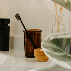 Amber Glass Toothbrush Holder, Brown Glass Storage Cup, Amber Bathroom Cup, Glass Toothbrush Cup, Brown Glass Cup, Amber Drinking Glass