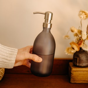 Frosted Grey Glass Soap Dispenser: Reusable Bottle with Stainless Steel Pump