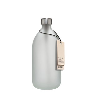 May include: A frosted glass soap dispenser with a silver pump top and a brown paper tag that says "Amber Glass Soap Dispenser" and "KUISHI".