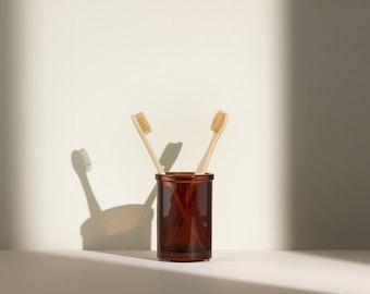 Amber Glass Toothbrush Holder, Brown Glass Storage Cup, Amber Bathroom Cup, Glass Toothbrush Cup, Brown Glass Cup, Amber Drinking Glass