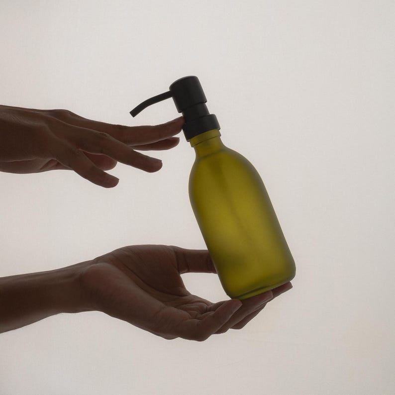 Frosted Green Glass Soap Dispenser: Recycled Glass Bottle with Stainless Steel Pump image 1