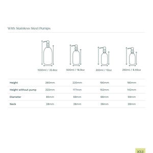 May include: Four glass soap dispensers with stainless steel pumps in different sizes. The dispensers are labelled with their capacity in millilitres and ounces. The dispensers are 260mm, 220mm, 190mm, and 180mm tall.