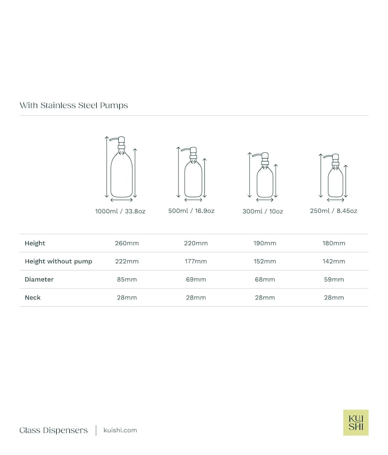 May include: Four glass soap dispensers with stainless steel pumps in different sizes. The dispensers are labelled with their capacity in millilitres and ounces. The dispensers are 260mm, 220mm, 190mm, and 180mm tall.
