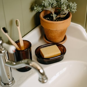 Puede incluir: Un lavabo de porcelana blanca con un grifo cromado, un jabonera de vidrio marr&oacute;n con una pastilla de jab&oacute;n y un portacepillos de dientes de vidrio marr&oacute;n con dos cepillos de dientes de madera. Una maceta de terracota con una planta suculenta se encuentra en el mostrador.