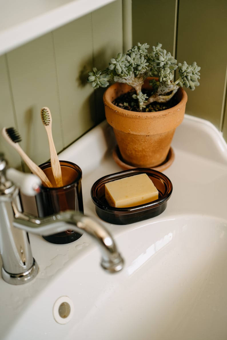 Puede incluir: Un lavabo de porcelana blanca con un grifo cromado, un jabonera de vidrio marr&oacute;n con una pastilla de jab&oacute;n y un portacepillos de dientes de vidrio marr&oacute;n con dos cepillos de dientes de madera. Una maceta de terracota con una planta suculenta se encuentra en el mostrador.