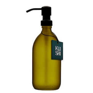 May include: A green glass bottle with a black pump dispenser and a black tag that says "KUI SHI".