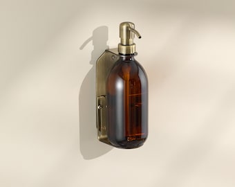 Single Brushed Gold Wall-Mounted Soap Dispenser with Refillable Amber Glass Bottle with Stainless Steel Pump [250ml/300ml/500ml]