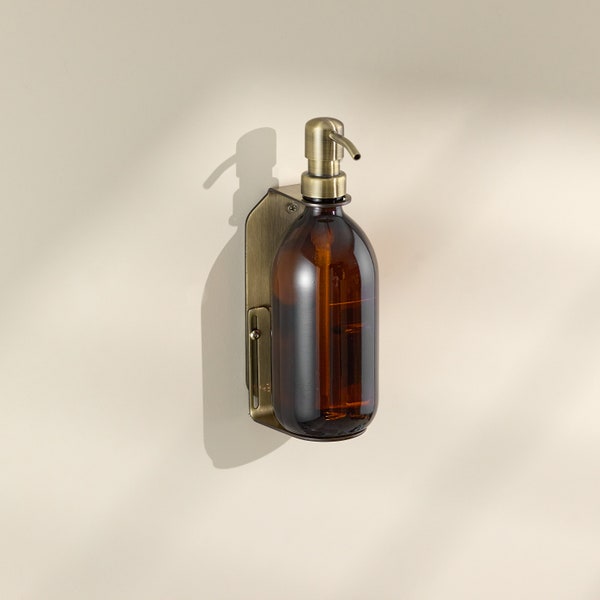 Single Brushed Gold Wall-Mounted Soap Dispenser with Refillable Amber Glass Bottle with Stainless Steel Pump [250ml/300ml/500ml]