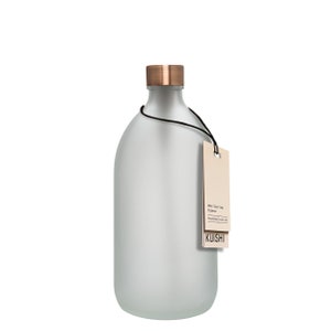 May include: A frosted glass soap dispenser with a copper top and a brown paper tag that reads "Amber Glass Soap Dispenser" and "KUISHI".