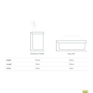 Puede incluir: Un portacepillos de dientes de cer&aacute;mica blanca y un jabonera de cer&aacute;mica blanca. El portacepillos de dientes mide 11,5 cm de alto, 7,5 cm de largo y 7,5 cm de ancho. La jabonera mide 3,5 cm de alto, 13,5 cm de largo y 9,5 cm de ancho.