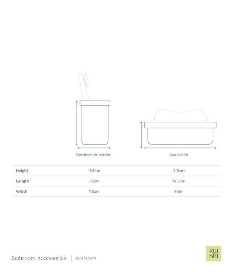 Puede incluir: Un portacepillos de dientes de cer&aacute;mica blanca y un jabonera de cer&aacute;mica blanca. El portacepillos de dientes mide 11,5 cm de alto, 7,5 cm de largo y 7,5 cm de ancho. La jabonera mide 3,5 cm de alto, 13,5 cm de largo y 9,5 cm de ancho.