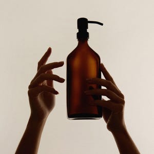 Amber Glass Soap Dispenser: Stainless Steel Pump, Refillable, Recycled Glass