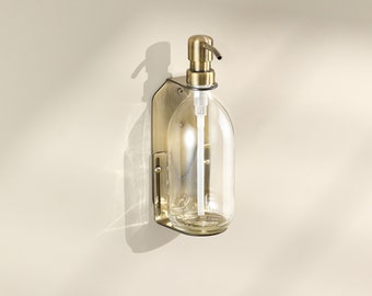 Single Brushed Gold Wall-Mounted Soap Dispenser with Refillable Clear Glass Bottle with Stainless Steel Pump [250ml/300ml/500ml]