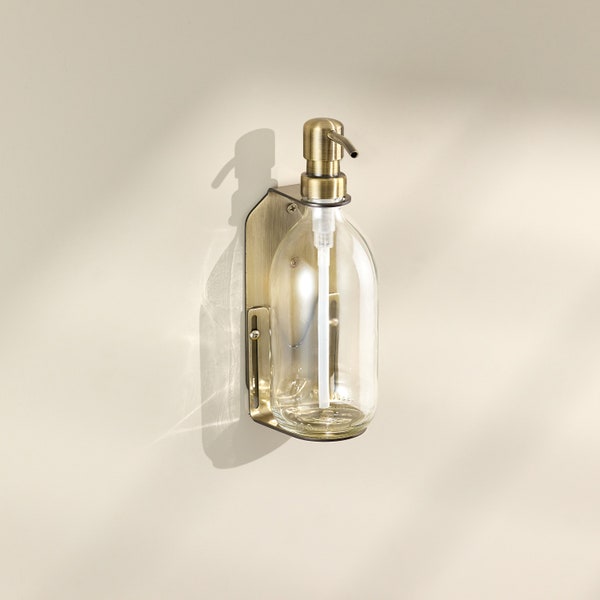 Single Brushed Gold Wall-Mounted Soap Dispenser with Refillable Clear Glass Bottle with Stainless Steel Pump [250ml/300ml/500ml]
