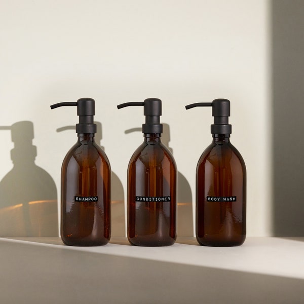 Labelled Soap Pump, Label Amber Glass Pump Bottle, Body Wash Pump, Shampoo Glass Pump, Conditioner Pump Bottle, Glass Bathroom Pump Bottle