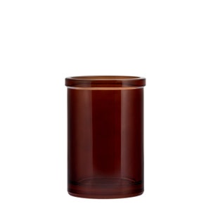 Puede incluir: Un tarro de vidrio marr&oacute;n con una tapa transparente. El tarro es cil&iacute;ndrico y tiene un acabado liso y brillante.