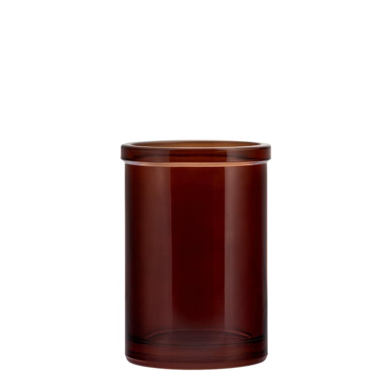 Puede incluir: Un tarro de vidrio marr&oacute;n con una tapa transparente. El tarro es cil&iacute;ndrico y tiene un acabado liso y brillante.