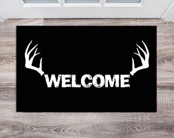 Welcome Doormat with Deer Antlers, Indoor Door Mat, Hunter Gift, Hunting Family Decor, Deer Hunter Present | Mossy Oak Graphics