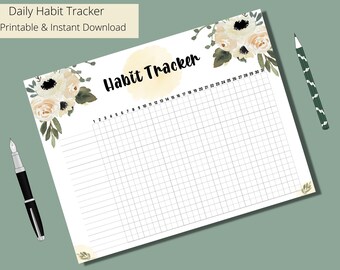 Daily Habit Tracker Floral White Flowers | PRINTABLE | Monthly Habit Tracker | Bullet Journal | Planner Insert | Instant Download |