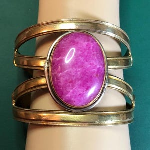 Vintage Natural Pink Ruby Wide Cuff Statement Bracelet Gold Silver Copper Artisan Made 1980s