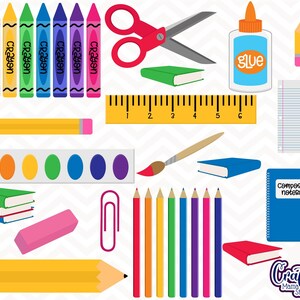 May include: A set of colorful school supplies including crayons, pencils, scissors, glue, a ruler, a paint palette, a paintbrush, a composition notebook, and erasers.