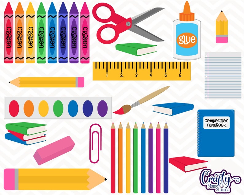 May include: A set of colorful school supplies including crayons, pencils, scissors, glue, a ruler, a paint palette, a paintbrush, a composition notebook, and erasers.